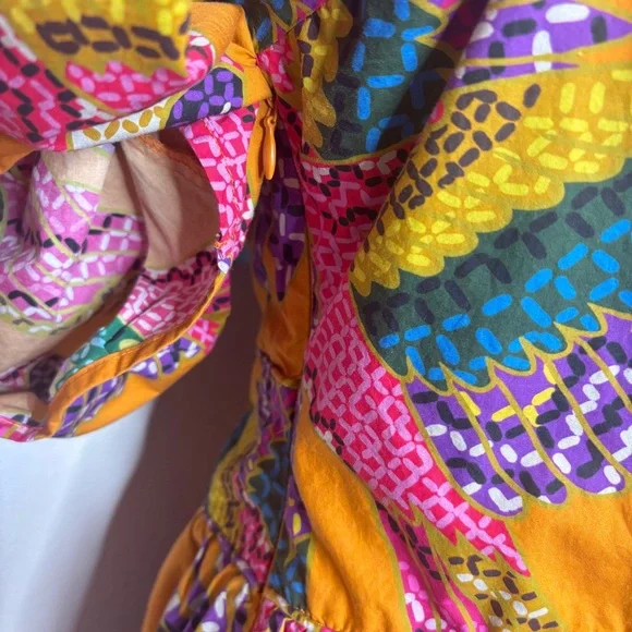 FARM RIO Macaw Puff-Sleeve Orange Midi Dress Size Large‎